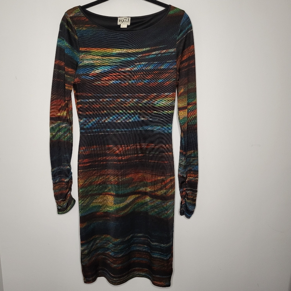 Reiss 1971 Mid Length Knit Sheath Dress Med Abstract Red Blue Green Black Brown